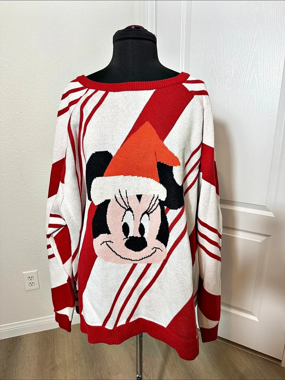 Disney Minnie Mouse Santa Hat Candy Cane Stripe Sweater Red & White 2XL